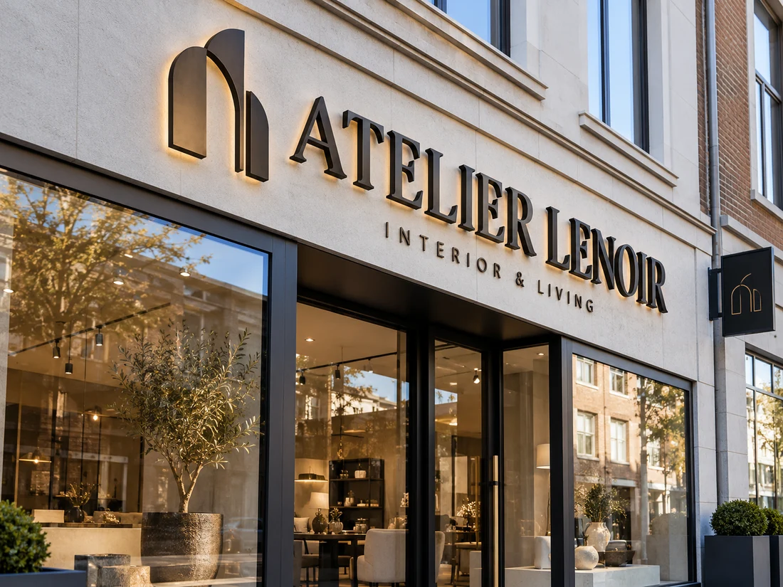 Verlichte 3D-gevelletters boven de ingang van Atelier Lenoir.